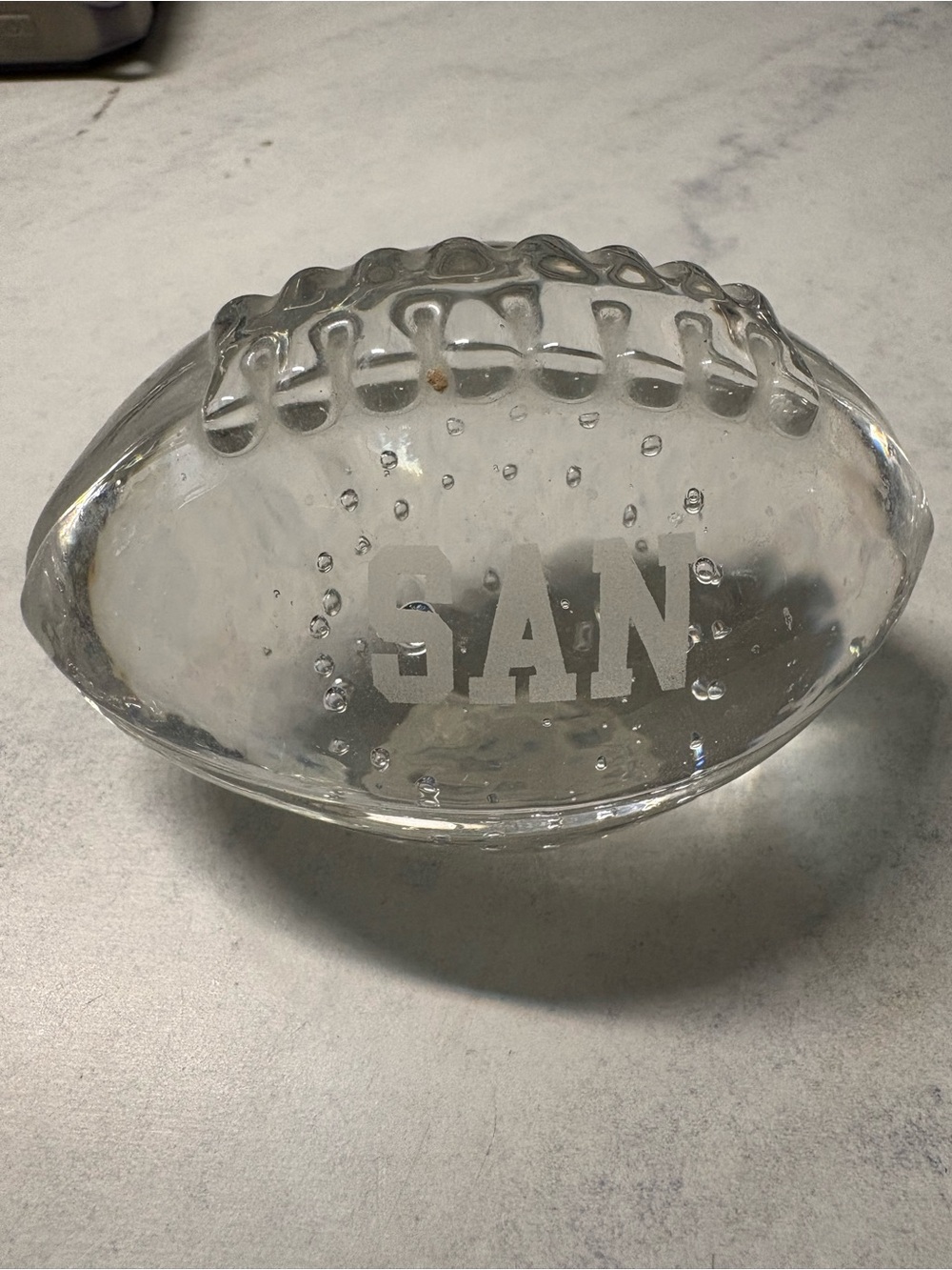 Etched Glass Football Paperweight with 'SAN'